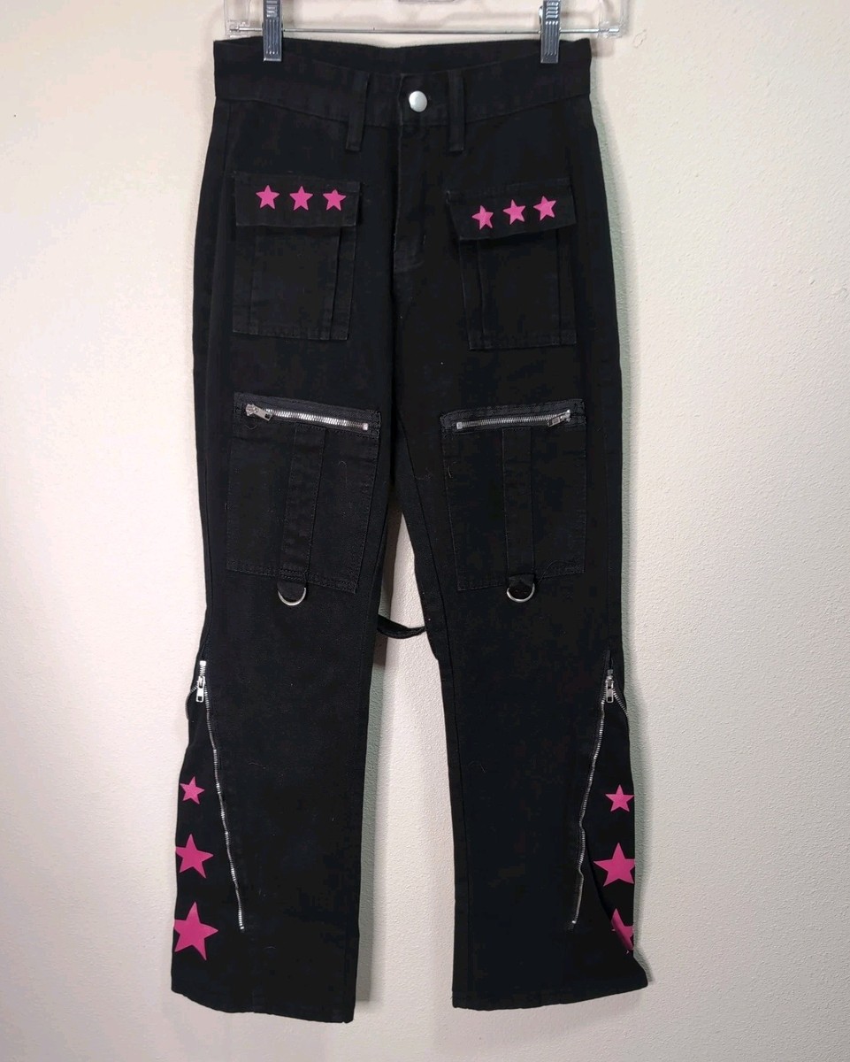 Y2K Baggy Goth Pants Rave Skate Cyber Grunge Black Pink Stars