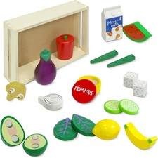Wooden Toys with Wooden Crate  20 Piece Wood Play Food Set for Kids Kitchen...