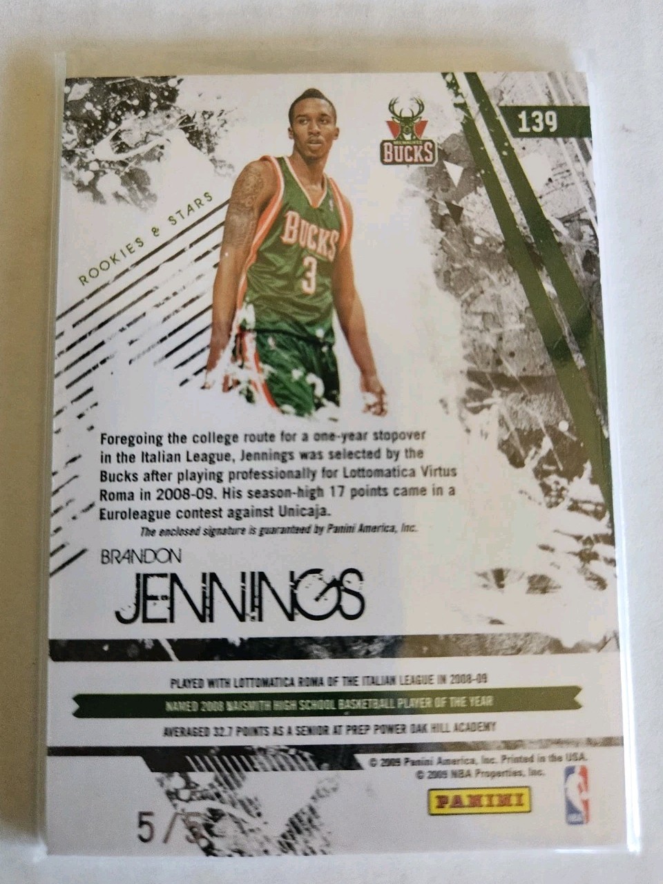 2009-10 R  & S Brandon Jennings  RC Emerald  Logoman Patch Auto #'d to 5 ! view 2