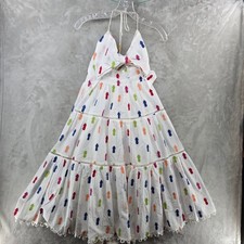 Farm Rio Womens S Maxi Dress White Multicolor Pineapple Embroidered Halter Bow