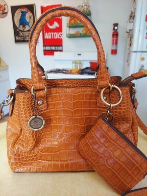 Patricia Nash NORCIA Cognac Croc Embossed Leather Crossbody w Keychain Bag