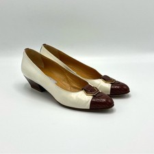 Vintage Bally Pumps Ivory and Brown Leather Pumps Made in Italy, Size 7N