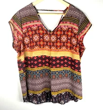 DR2  by Daniel Rainn Artsy Bohemian V Neck Short Sleeve Blouse Womens XL