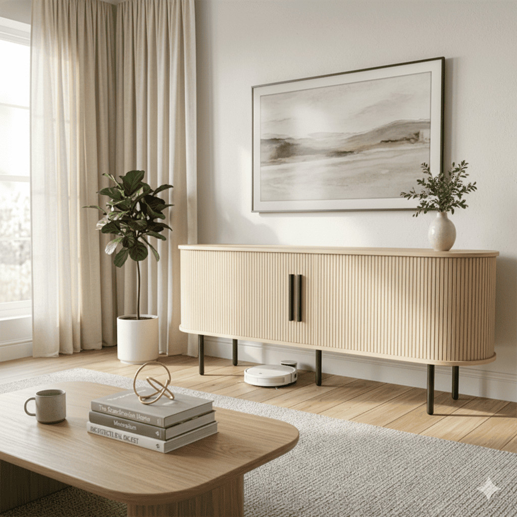 Oval Fluted Media Console Slatted Sliding Doors 65in Tv