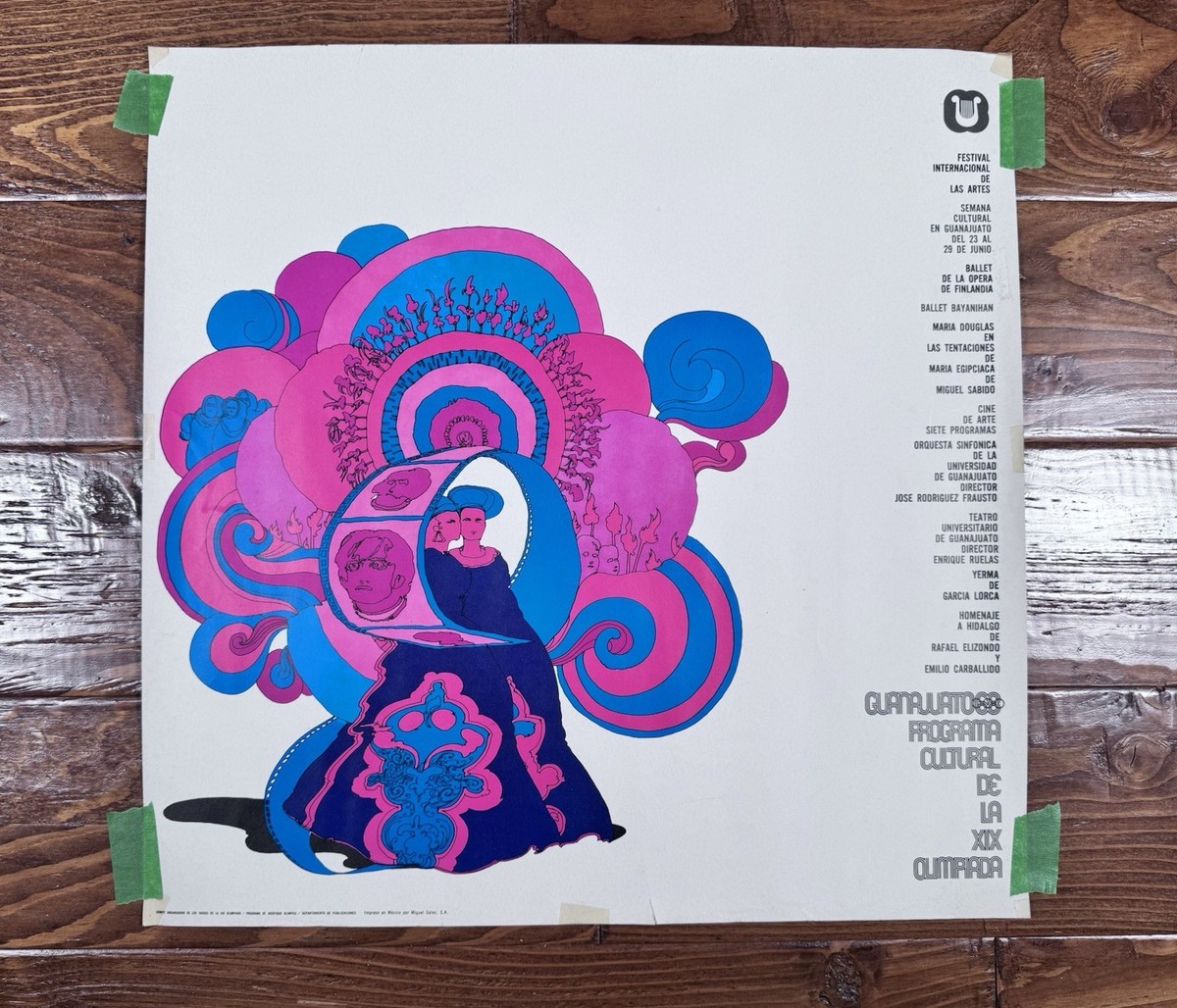 Vintage 1968 Mexico Olympics Poster Cultural Program Miguel Galas