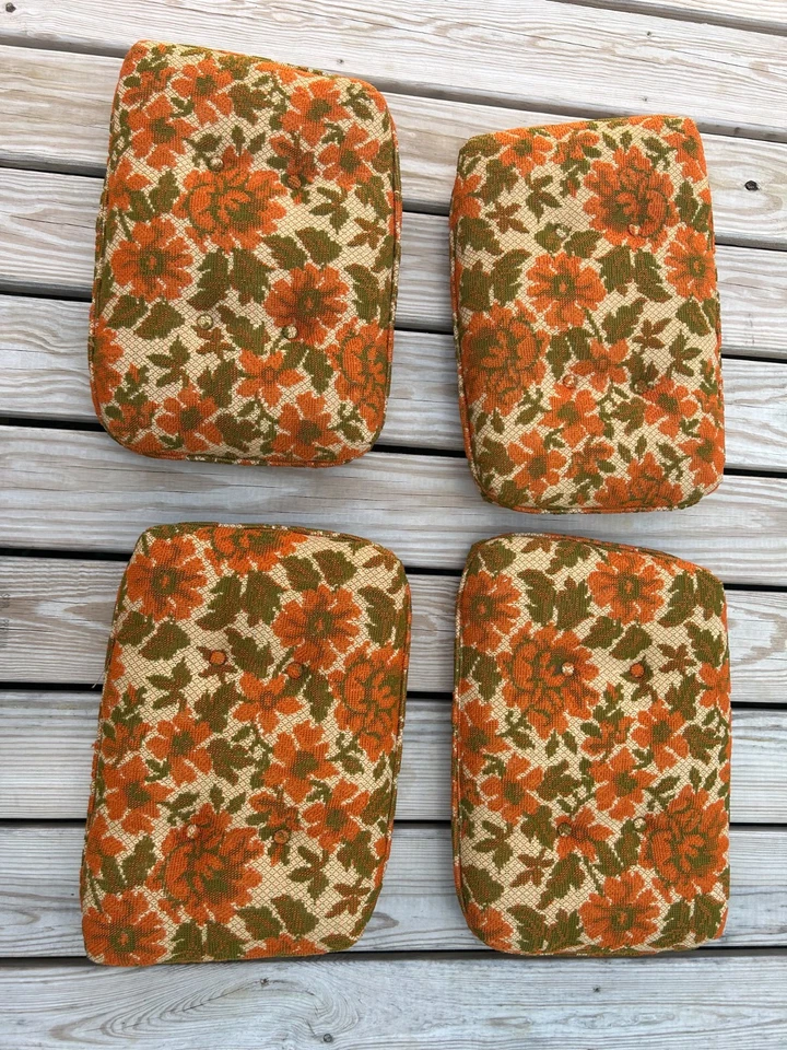 Juego de 4 Cojines de Silla Almohadillas de Asiento MCM Retro Naranja/Marrón Decoración Floral De Colección Años 70 Foto 3 de 4