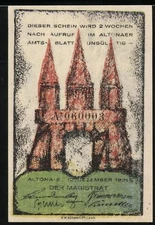 Notgeld Altona 1921, 60 Pf, dreitürmiges Bauwerk und Schiffe im Hafen 