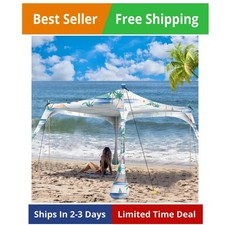 Beach Tent Pop Up Shade 10x10ft Beach Canopy Sun Shelter  with 4 Foldable Po...