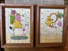 Set of 2 Baby Duck Ducklings Embroidered Bath Time Nursery Wood Framed Art