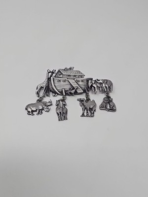 Vintage Signed J.J Jonette Noah's Ark Pin Brooch Dengle Pewter. 5568