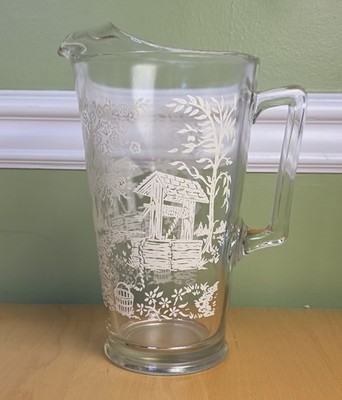 Vintage Pitcher By Jeannette Wishing Well in Floral Meadow Heavy Pressed Glass