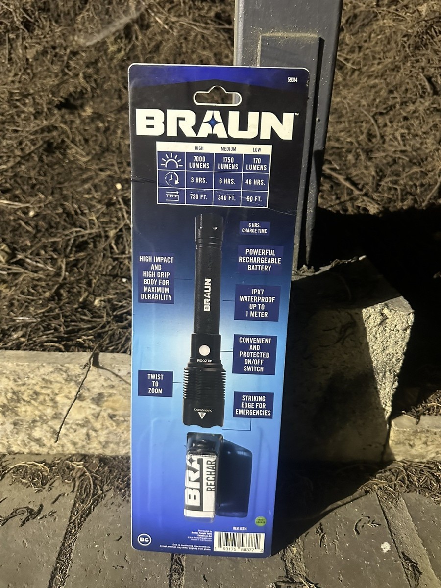 BRAUN 7000 Lumen Rechargeable Waterproof LED Flashlight with