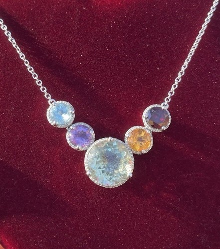 Sterling Silver RPG Colorful Gems Necklace Faceted 5 stones Adjustable Designer