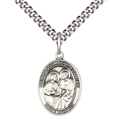 Medium Pewter Sts Cosmas & Damian Medal Pendant 24'' Endless Chain Necklace