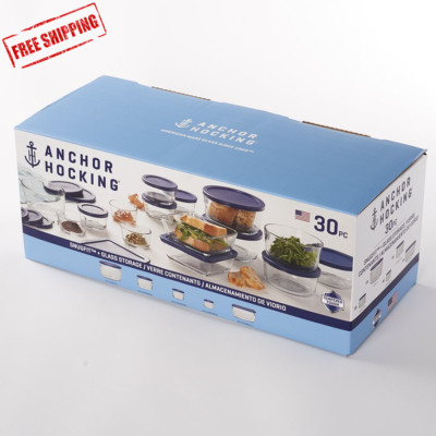 Anchor Hocking Clear Glass Food Storage Containers 30 Pieces Set with Navy Lids 