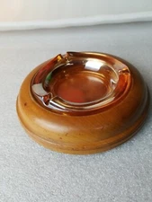  Vintage Lusterware Ash Tray On Wooden Stand Gorgeous 2 Piece set.