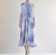 Women Round Neck Pleated Dress Mid Length Cape Office Short Sleeve Elegant Skirt