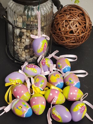 Vintage Hand Painted 2¼'' Plastic Easter Egg Ornaments Lot Of 15 BEAUTIFUL!