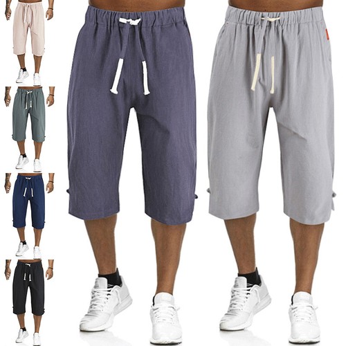 Mens Elastic Waist Cotton Linen Shorts 