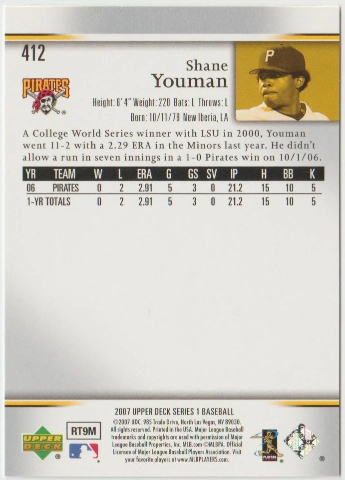 2007 Upper Deck Baseball #412 Shane Youman RC - Pittsburgh Pirates - Image 2 of 2