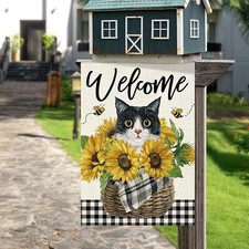 Sunflower Cat Garden Flag Tuxedo Cat Garden Flag 12X18 Inch Vertical Double Side