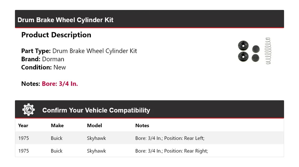 Kit de cilindro de rueda de freno de tambor Buick Skyhawk Dorman 1975 Foto 2 de 4