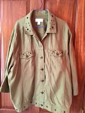 cj banks 2x green linen rayon rivited light jacket, great condition
