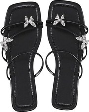 Women's Rhinestone Butterfly Strappy Slide Sandals Square Open Toe Glitter