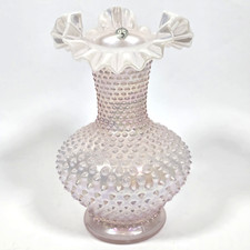 FENTON IRIDESCENT PEARL  VASE CHAMPAGNE PINK HOBNAIL DOUBLE CRIMPED FLUTED 10.5"