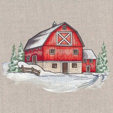 Classic Snowy Barn Scene Embroidered Large Quilt Block