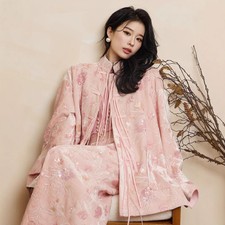 2025 Spring New Chinese Women's Top Bead Embroidery Silk Loose Velvet Pink Coat