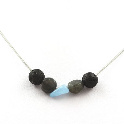 Lava Bead Necklace 8 Mm + Brazilian Aquamarine + Labradorite Chain In Ac