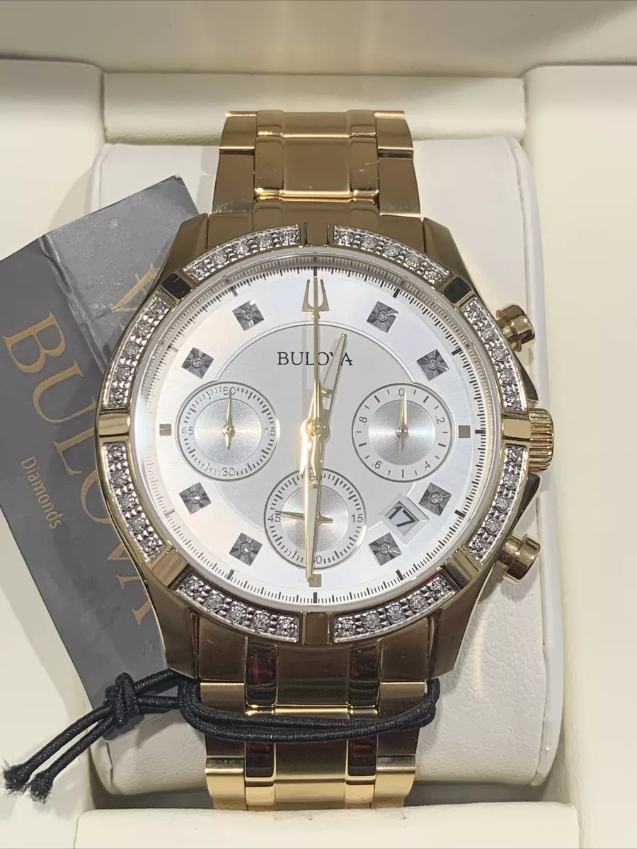 Bulova Diamond Mens Gold Plated Stainless Chronograph Quartz Watch 98E113