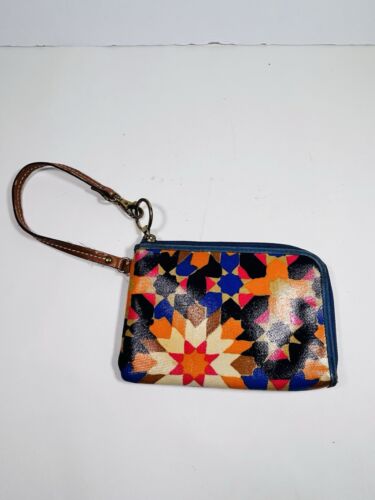 Fossil Wristlet Wallet Coated Canvas Starburst Zip Around Orange Blue Read - Picture 4 of 11
