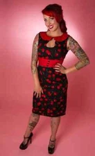 CHERRY print PENCIL DRESS size 8 S - MISS FORTUNE UK made Wiggle Cocktail Party