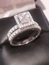 3.00 Ct Princess simulated Diamond Engagement ring Wedding set Sterling Halo