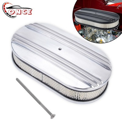 12'' Oval Half Finned Air Cleaner Polished for 5-1/8'' Carb 4 Barrel For SBC BBC