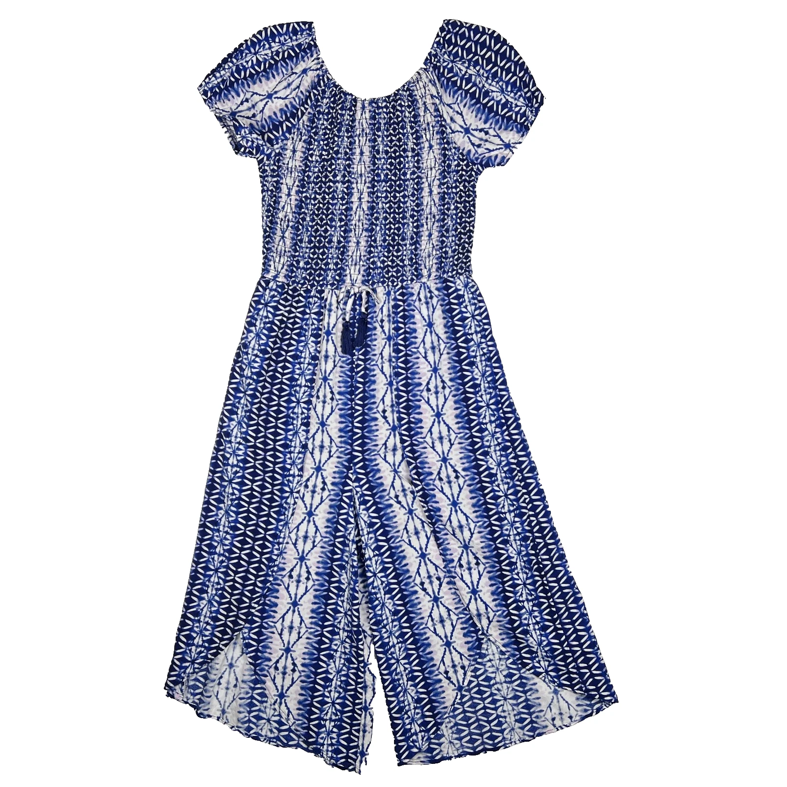 Justice Blue And White Puff Sleeve Jumpsuit Girls Size 18 Split Leg Smocked