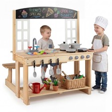 Outdoor Mud Kitchen Wooden Pretend Play Kitchen w/Bench Stoves Faucet Sink