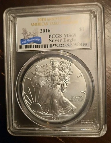 2016 American Silver Eagle, MS 69 30Th Anniversary - PCGS, Small Crack In Slab