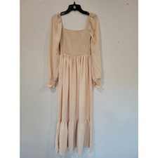 SHEIN Cream Smocked Square Neck Long Sleeve Maxi Dress Tiered Hem #11
