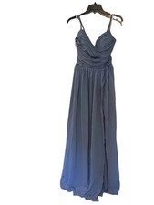 New Pleated Chiffon Dress ALine VNeck Formal Occassion Blue Corset Bridesmaid