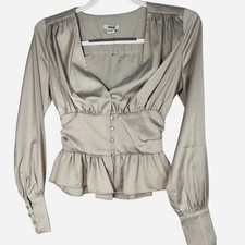 Jason Wu Satin Front Button Ruffle Peplum Hem Baby doll Blouse Top Cream XS