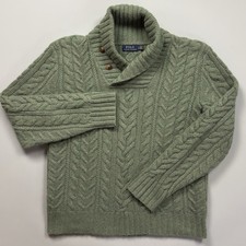 Polo Ralph Lauren Men L Green Shawl Collar Aran Knit Sweater Merino Wool Angora