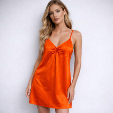Stella Luce Satin Slip Dress Sz M Bright Orange Ruched A-Line Mini Y2K Strappy