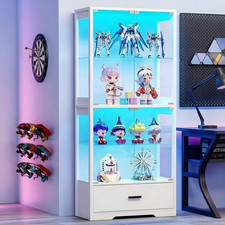 Display Cabinet with Glass Doors, 4-Tier Curio Cabinet with Drawer LED Lights