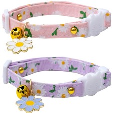 2 Pack Cotton Breakaway Cat Collars with Bell Flower Pendant Kitty Kitten Col...
