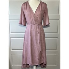 Lulus Pink Polka Dot Wrap Midi Dress Flutter Sleeve Tie Waist S