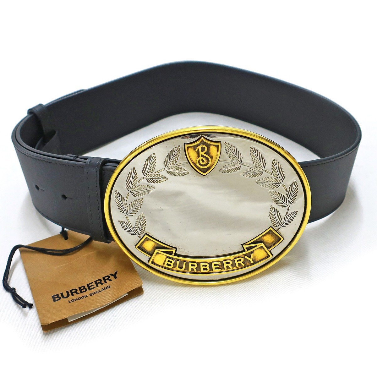 BURBERRY Gold Plated Black Leather Logo Mirror Buckle Belt #1230c