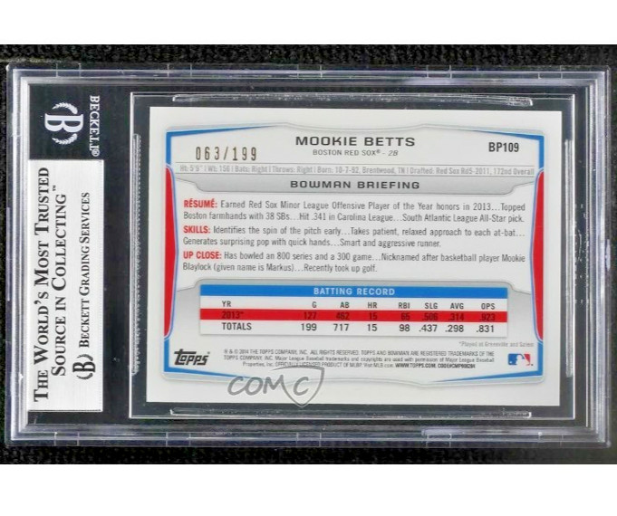 2014 Bowman 1st Prospect Rookie /199 Green Paper #BP109 Mookie Betts RC SP BGS 9 view 9